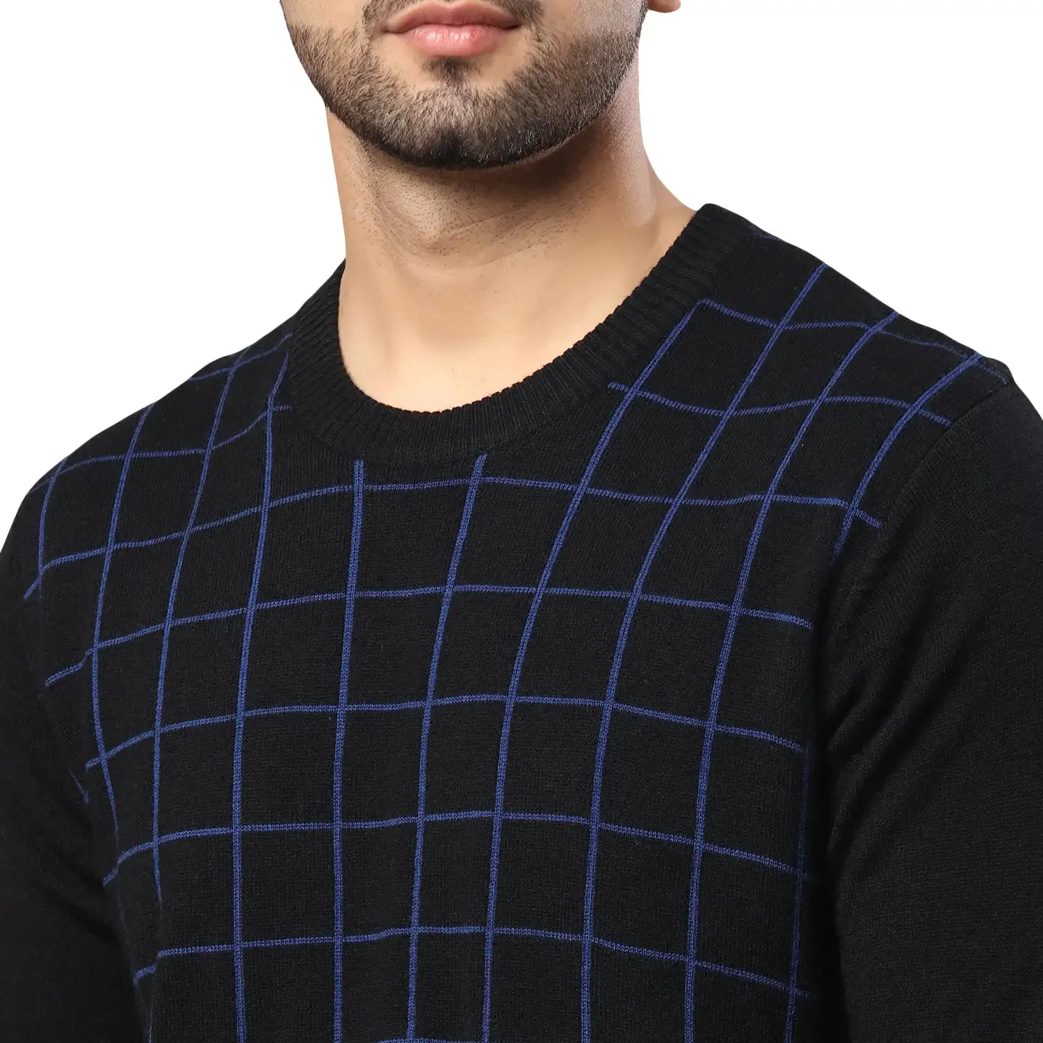 Men Black Wrapper Acrylic Wool Blend Round Collar Sweaters