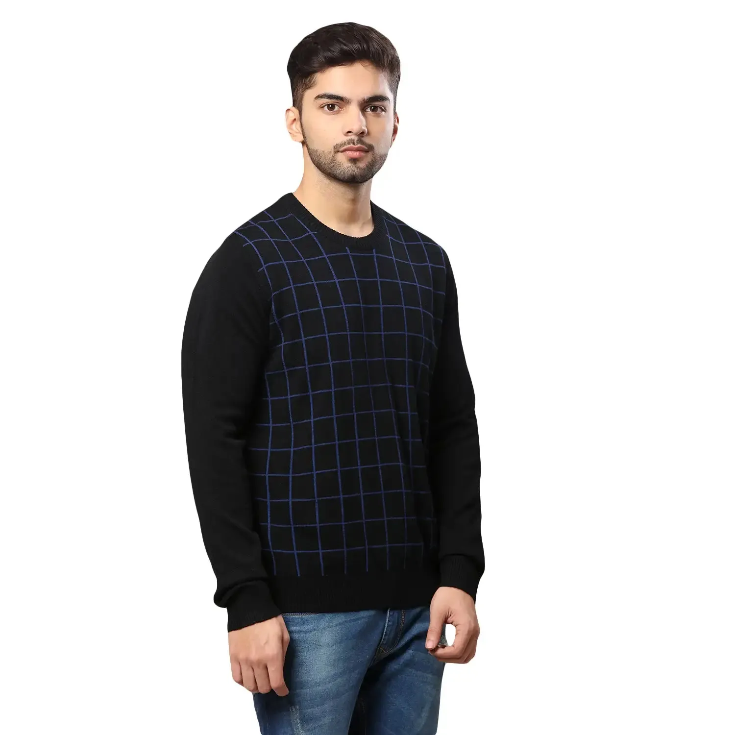 Men Black Wrapper Acrylic Wool Blend Round Collar Sweaters
