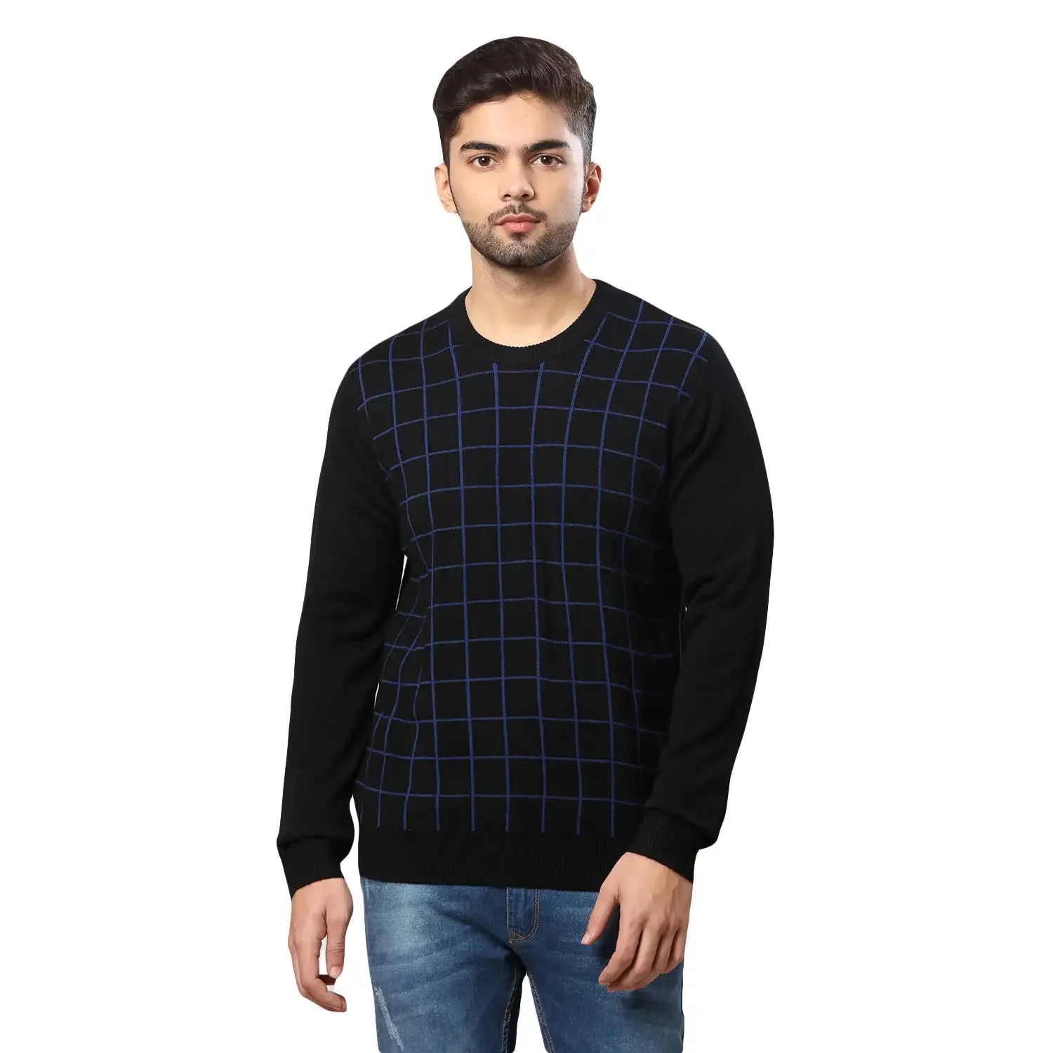 Men Black Wrapper Acrylic Wool Blend Round Collar Sweaters