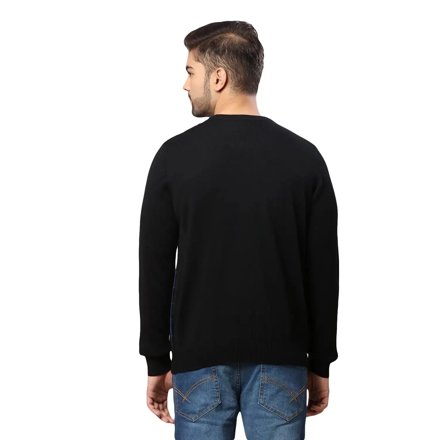 Men Black Wrapper Acrylic Wool Blend Round Collar Sweaters