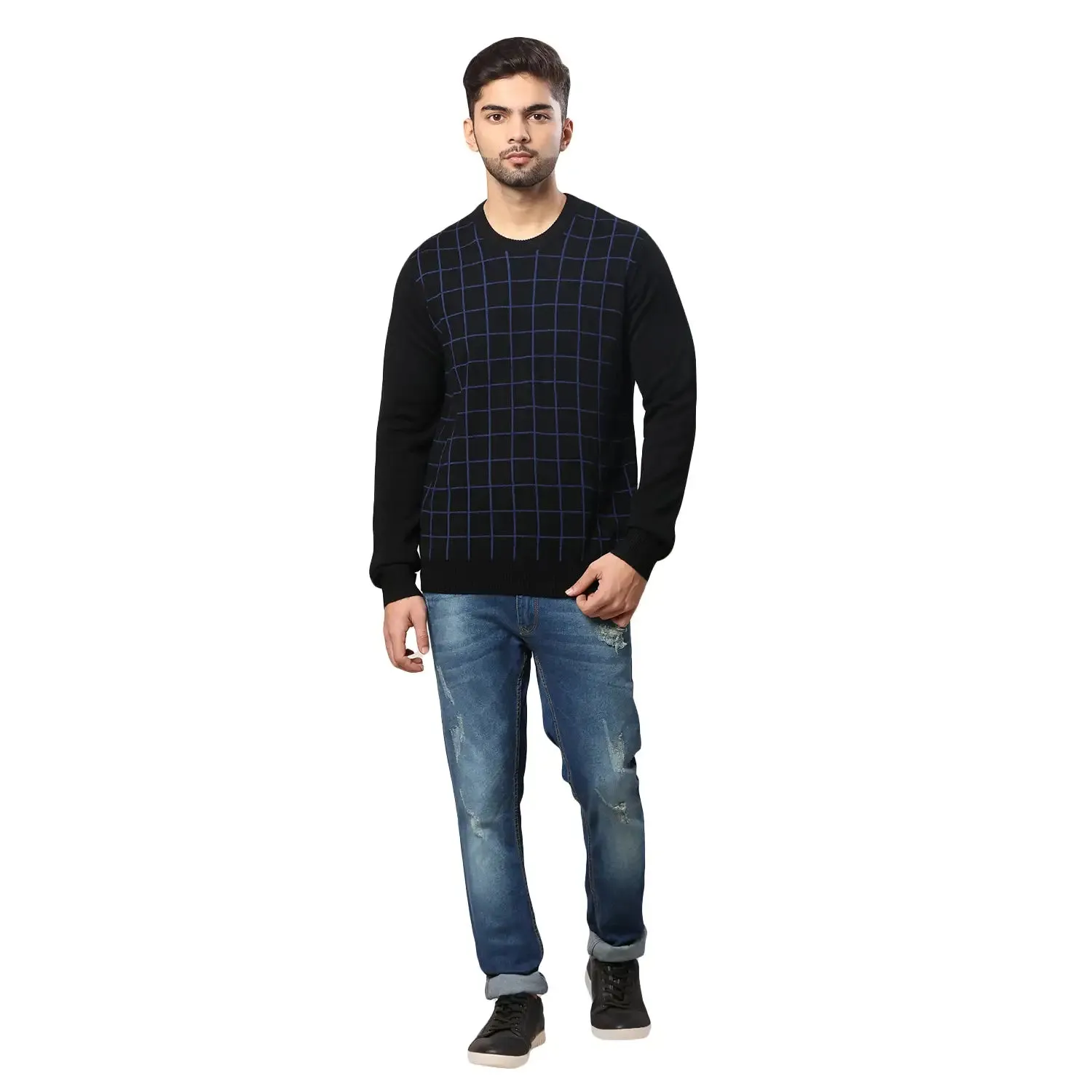 Men Black Wrapper Acrylic Wool Blend Round Collar Sweaters