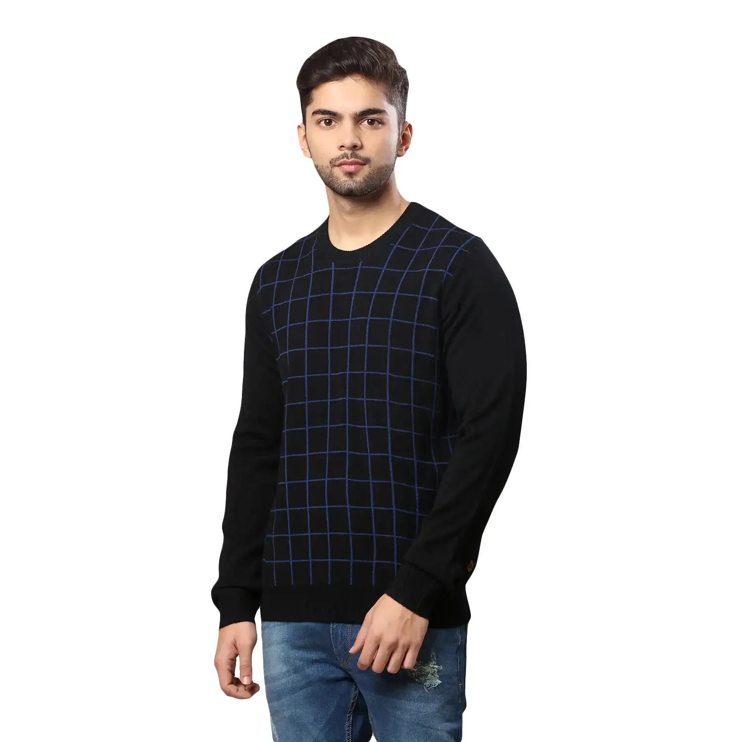 Men Black Wrapper Acrylic Wool Blend Round Collar Sweaters