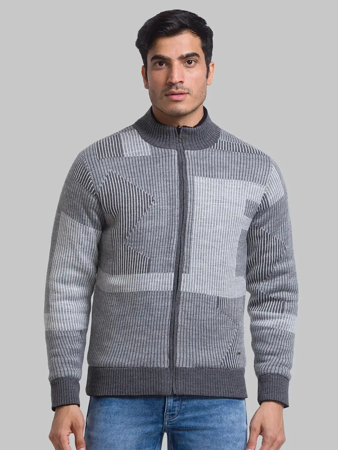 Men Grey Solid Acrylic Full Sleeve Sweaters