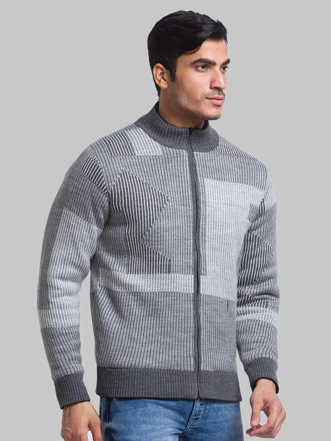 Men Grey Solid Acrylic Full Sleeve Sweaters