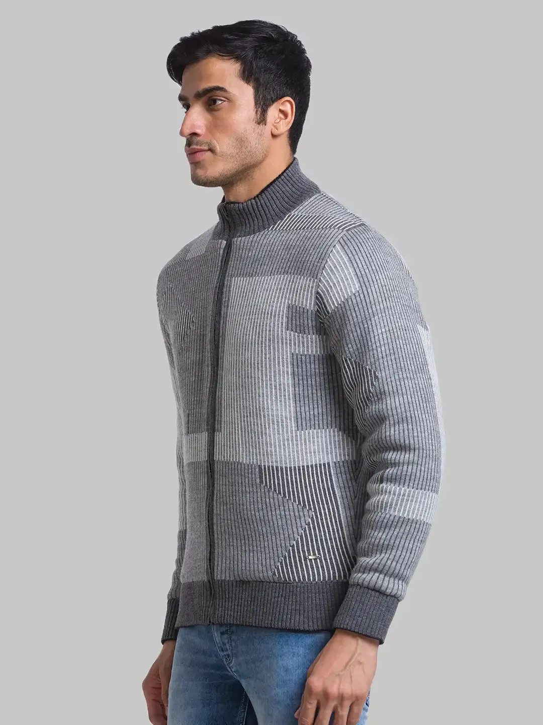 Men Grey Solid Acrylic Full Sleeve Sweaters