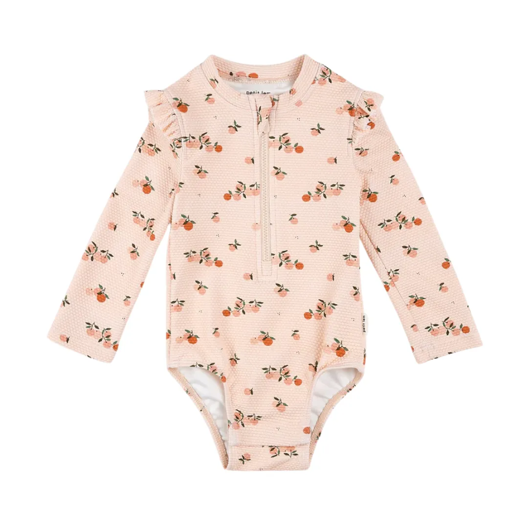 Oranges Print on Crème Tan Long-Sleeve One-Piece Swimsuit by Petit Lem