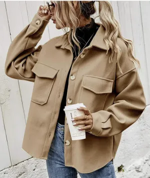 Womens Oversized Jacket  Wool Blend  Button Front  Boxy Fit  Flap Pockets